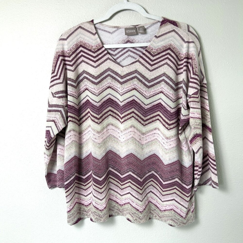 Chicos Top Womens Size‎ L 2 Purple Gray Zig Zag Print V Neck 3/4 Sleeve